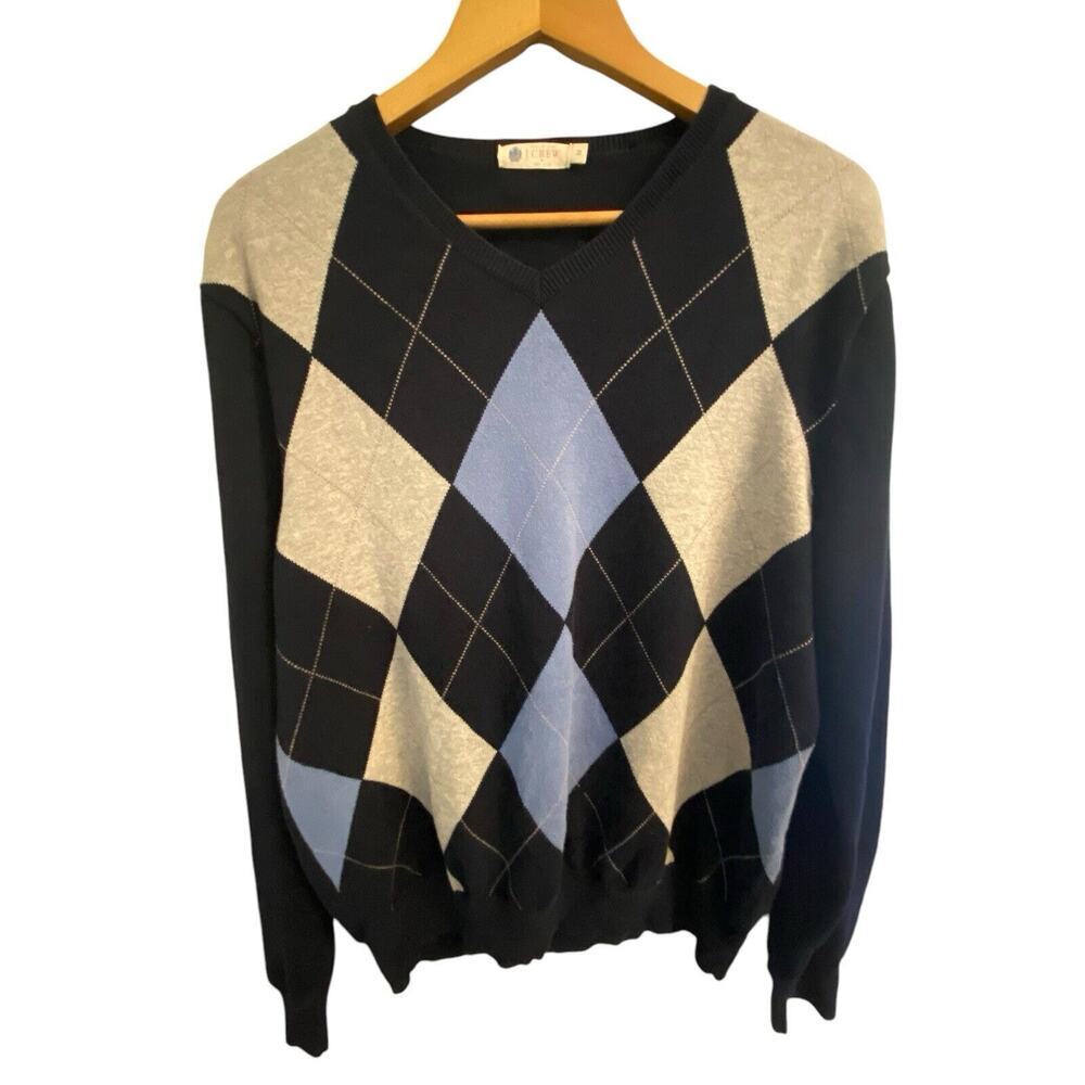 J CREW Sweater Blue Argyle V Neck 100% Cotton Size Medium Pullover Jumper